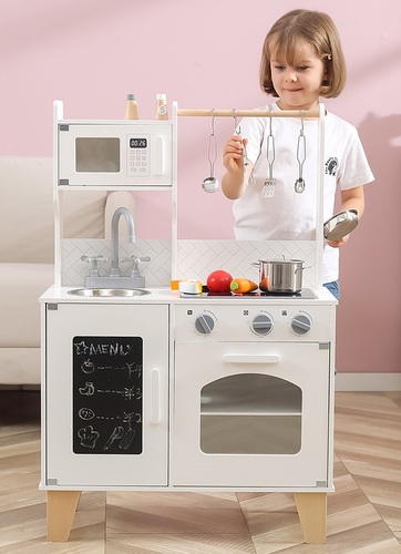 מטבח השף הקטן לילדים עשוי עץ מלא, אורות ואפקטים קוליים, תנור, כיור, כיריים ו 10 אביזרים - לבן
