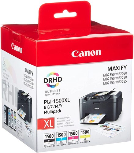 מארז דיו מקורי Canon 1500XL כולל את ארבעת הצבעים המחסנית השחורה עד 1,200 דפים וכל צבע עד 1,000 דף