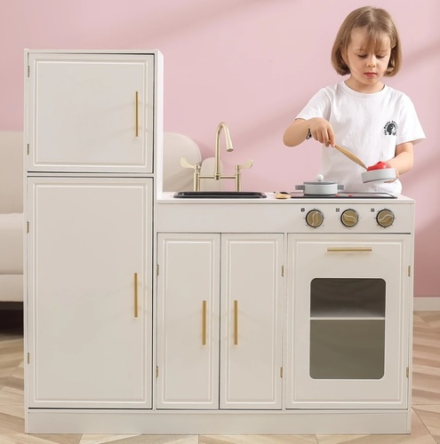 מטבח קלאסי מודרני לילדים מעץ עם כיור, תנור, מקרר וכיריים עם אורות ואפקטים קוליים - ורוד פסטל