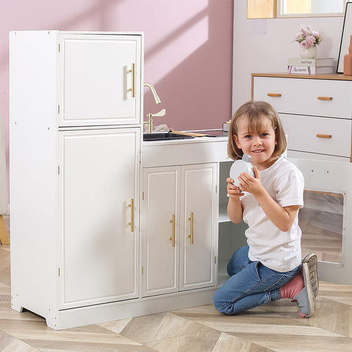 מטבח קלאסי מודרני לילדים מעץ עם כיור, תנור, מקרר וכיריים עם אורות ואפקטים קוליים - ורוד פסטל