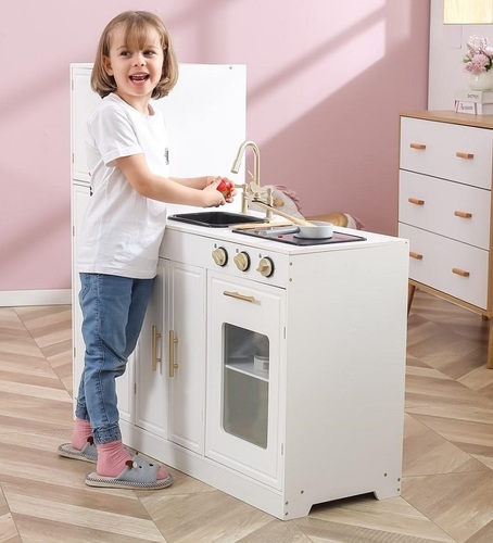 מטבח קלאסי מודרני לילדים מעץ עם כיור, תנור, מקרר וכיריים עם אורות ואפקטים קוליים - ורוד פסטל