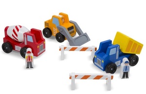 סט 3 רכבי בניה מעץ (מערבל בטון / משאית / שופל) + 2 דמויות ואביזרים