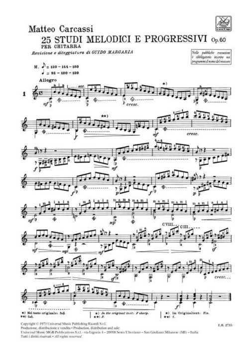ספר לגיטרה Garcassi 25 Studi Melodici E Progressivi OP. 60