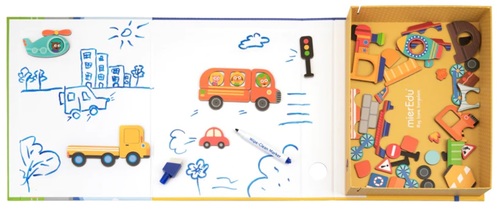 מארז יצירה במגנטים 57 חלקים, 8 כרטיסיות ומארקר מחיק - כלי רכב