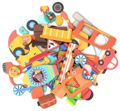 מארז יצירה במגנטים 57 חלקים, 8 כרטיסיות ומארקר מחיק - כלי רכב