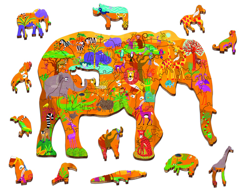 פאזל עץ חיות הסוואנה בצורת פיל עם דמויות עומדות 48 חלקים