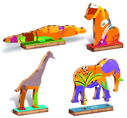 פאזל עץ חיות הסוואנה בצורת פיל עם דמויות עומדות 48 חלקים