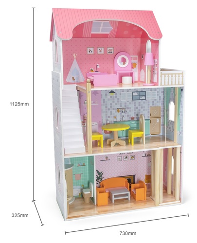 בית בובות גדול, תלת קומתי עם מעלית ו 14 פרטי ריהוט