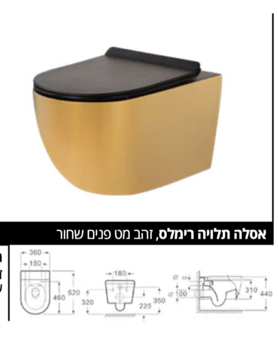 אסלה תלויה רימלס, זהב מט פנים שחור, מושב קשיח הידראולי נשלף