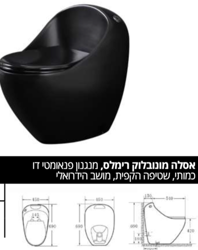 אסלה מונובלוק רימלס, מנגנון פנאומטי דו כמותי, שטיפה הקפית, מושב הידרואלי DALAS שחור מבריק