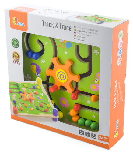 מסלול מבוך חרוזים Track & Trace מעץ מלא עם כרטיסיות דגמים