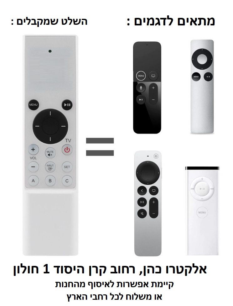שלט תואם לומד APPLE TV לטלוויזיות ומחשבים ELECTRO-APPLE - מתאים רק אם קיים שלט ישן עובד!