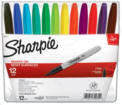 סט 12 טושים SHARPIE PERMANENT בבליסטר , עובי FINE, מעורב צבעים