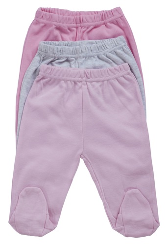 שלישיית מכנסי תינוק עם רגליות 100% כותנה NB - ורוד/ורוד בייבי/אפור מלאנג'