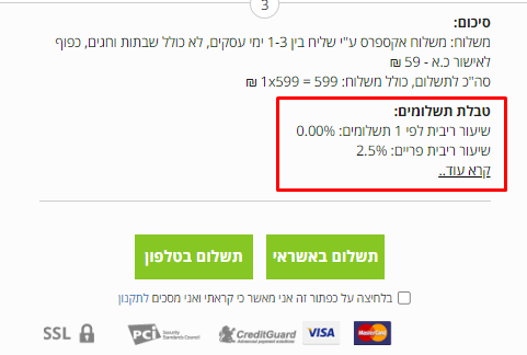 תצוגת ריביות בדף העגלה