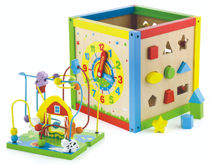 קוביית פעילות גדולה מעץ עם מבוך חרוזים, התאם צורה ושעון