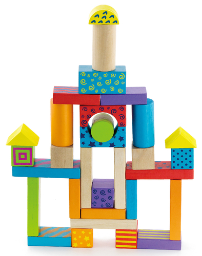 דלי 100 קוביות בנייה מעץ - צבעים וטקסטורות