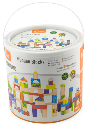 דלי 100 קוביות בנייה מעץ - צבעים וטקסטורות