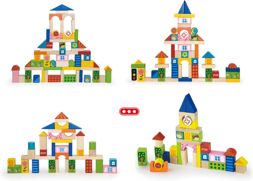 דלי עם 75 לבני עץ צבעוניות בצורות שונות לבניה - העיר שלי