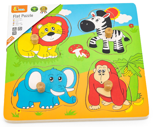 פאזל מעץ לפעוטות עם כפתורים 4 חלקים - חיות הג'ונגל