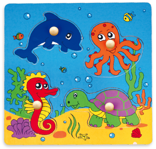 פאזל מעץ לפעוטות עם כפתורים 4 חלקים - יצורי הים