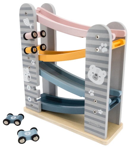 מסלול מגלשה למכוניות מעץ מלא + 4 מכוניות משחק מסדרת דב הקוטב