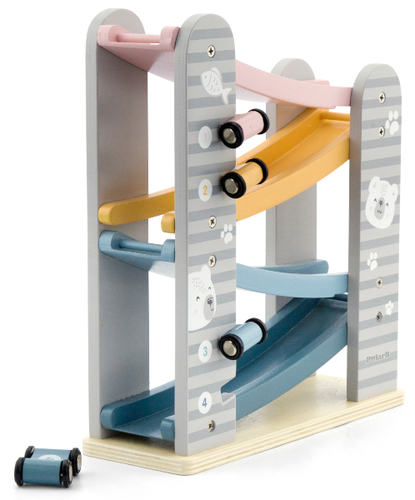 מסלול מגלשה למכוניות מעץ מלא + 4 מכוניות משחק מסדרת דב הקוטב