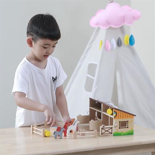 חווה עם ידית נשיאה מעץ מלא 10 אביזרים