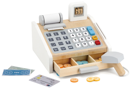 קופה רושמת עשויה עץ מלא עם מגירת כסף, מקשים ו 11 אביזרים