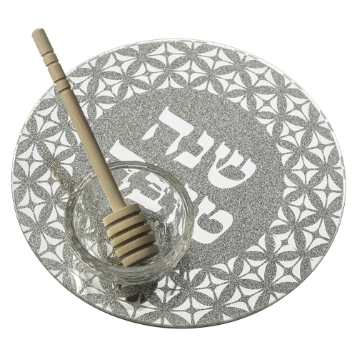 כלי זכוכית לדבש מהודר עם נצנצים וכפית עץ 19 ס