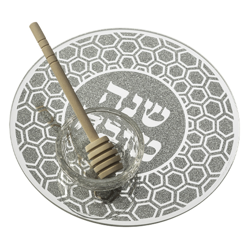 כלי זכוכית לדבש מהודר עם נצנצים וכפית עץ 19 ס