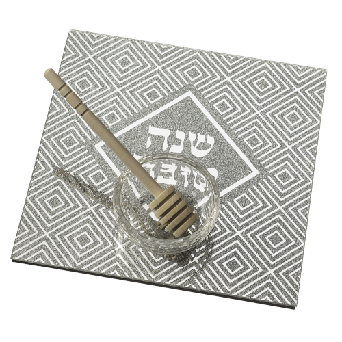כלי זכוכית לדבש מהודר עם נצנצים וכפית עץ 19x19 ס