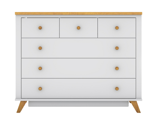 שידת תינוק רחבה סידני עם מגירות טריקה שקטה - לבן עם פלטה עץ בצבע אלון