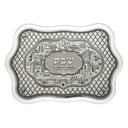 מגש חלה מהודר מזכוכית עם פלקטה 30*44 ס