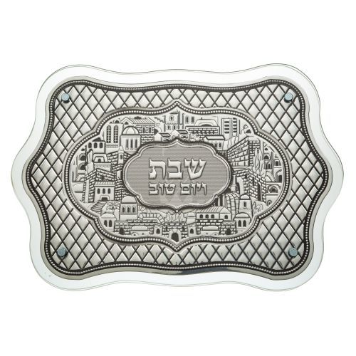 מגש חלה מהודר מזכוכית עם פלקטה 30*44 ס