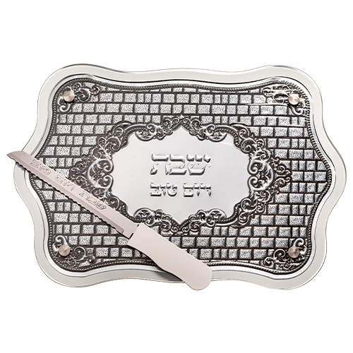 מגש חלה לבן מהודר מעץ עם פלקטה וזכוכית 30*44 ס