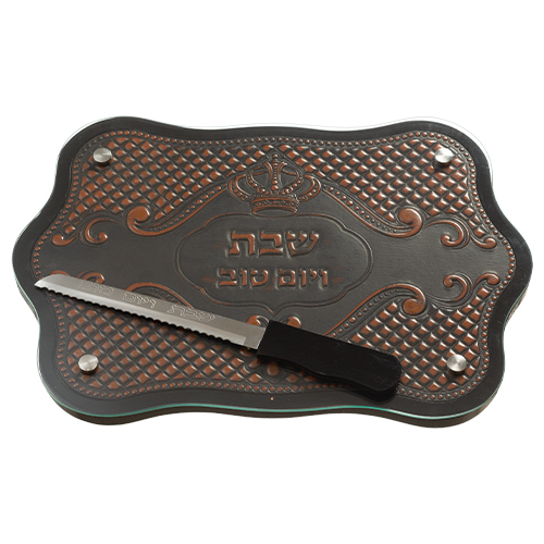 מגש חלה מהודר מעץ מהגוני עם פלקטת עור וזכוכית 30*44 ס