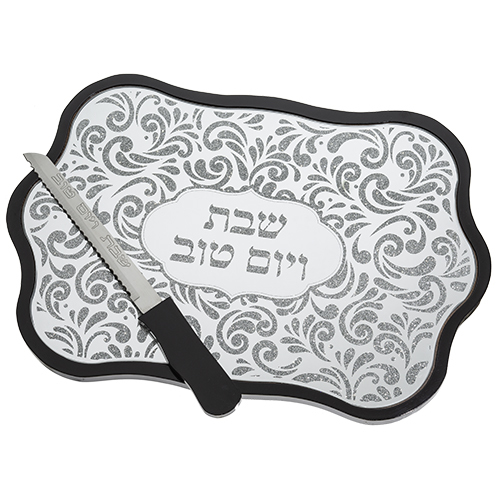 מגש חלה זכוכית מהודר עם מסגרת עץ 40x28 ס