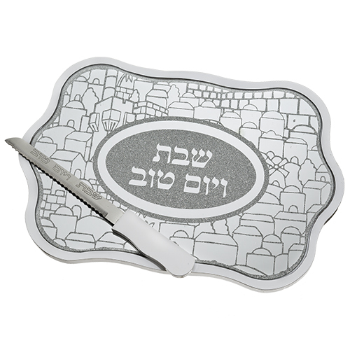 מגש חלה זכוכית מהודר עם מסגרת עץ 40x28 ס