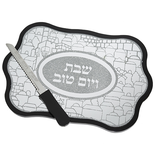 מגש חלה זכוכית מהודר עם מסגרת עץ 40x28 ס