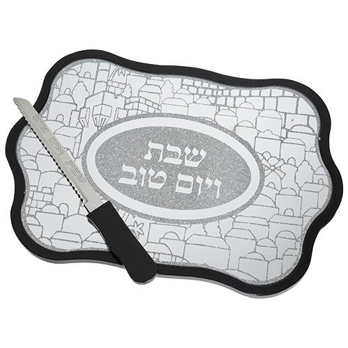 מגש חלה זכוכית מהודר עם מסגרת עץ 40x28 ס"מ