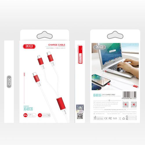 כבל טעינה והעברת נתונים 2 ב-1 משולב מטייפ סי לטייפ סי+אייפון XO NB116 18W PD Type-C - Type-C+Lightning באורך 1 מטר