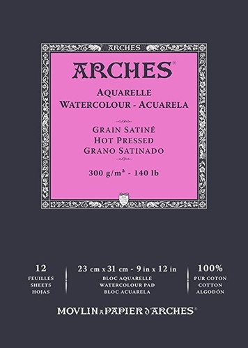 בלוק נייר 100% כותנה לצבעי מים מבית ARCHES כבישה חמה, 12 דפים, 300 גר' (מגוון גדלים לבחירה)