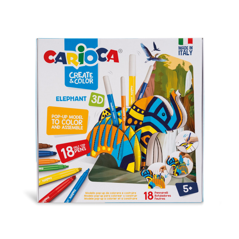 משחק צביעה והרכבה תלת מימד + 10 טושים מבית CARIOCA (איטליה), דגם פיל