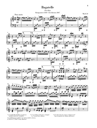 ספר תווים Beethoven Für Elise (Bagatelle in a minor WoO 59)